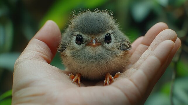 A small bird perched in a person's hand, showcasing its delicate features.