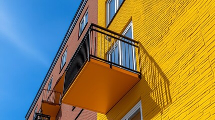 Low angle view of a building's exterior, featuring a vibrant yellow brick wall with a small, square balcony. The balcony has a black metal railing
