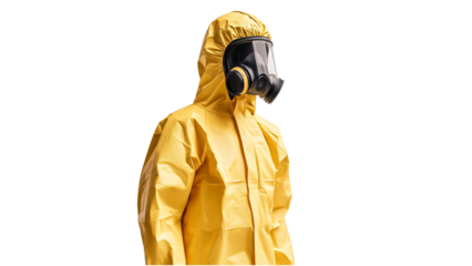 person wearing yellow hazmat suit and gas mask for protection