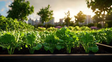 Urban Garden with Lush Green Vegetables at Sunset