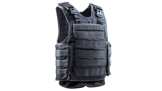 black tactical bulletproof vest with gray straps isolated on transparent background
