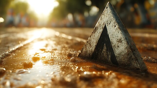 Triangular marker in muddy water sunlight background