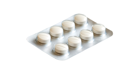 white pills in blister pack close up on transparent background