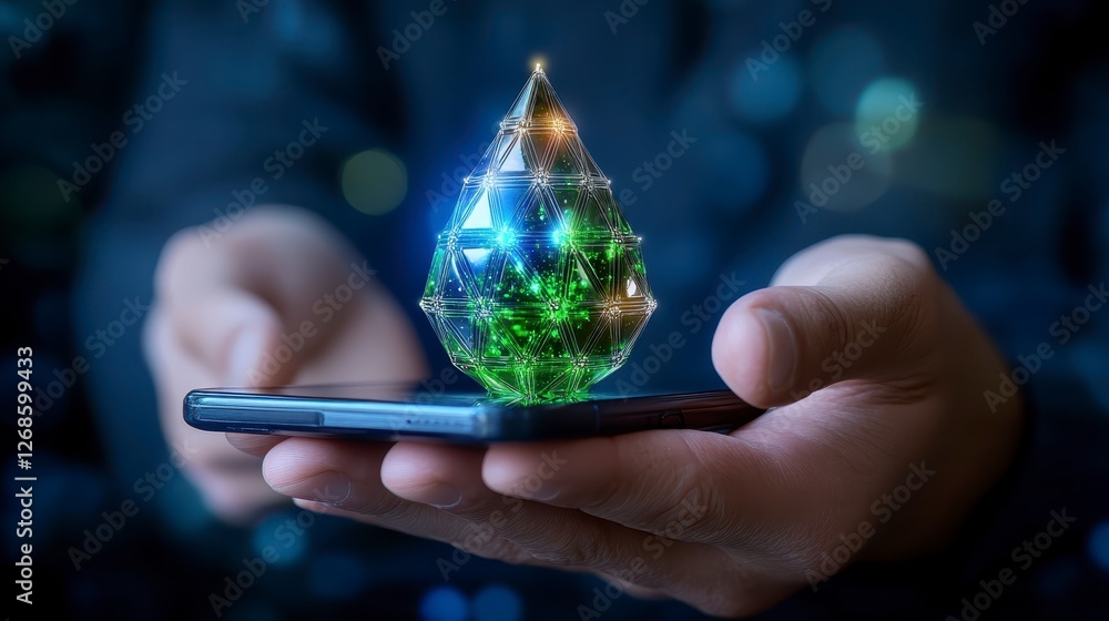 Poster close up of hands holding a mobile device displaying a digital green and blue abstract holiday tree.