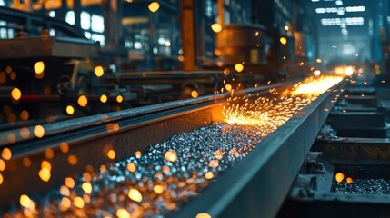 Bright sparks illuminate an industrial factory as molten metal flows along the production line. Workers are engaged in meticulous metalworking activities in a bustling environment