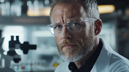 A scientist wearing glasses and a lab coat is intensely focused while observing a sample through a microscope in a modern laboratory setting. The atmosphere highlights a commitment to research