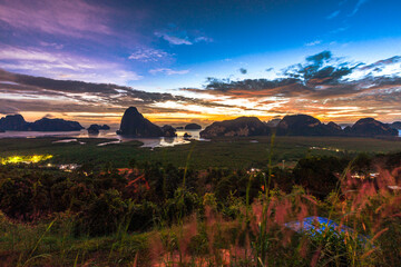 A distant natural background of a large mountain in the middle of the sea, Phang Nga Bay, Thailand,...