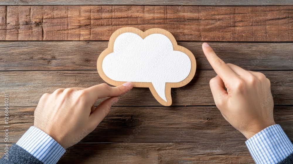 Poster overhead view of hands manipulating a white cloud shaped speech bubble on a rustic brown wooden surf