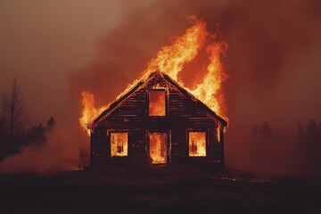 House is completely engulfed by flames against a dusky background