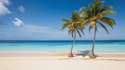 Fototapeta premium two palm trees sitting next to the ocean on a beach against a blue sky and white clouds