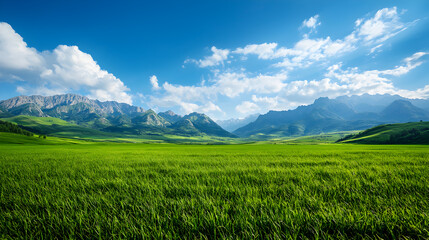 Vast Green Field with Majestic Mountain Range under a Sunny Blue Sky