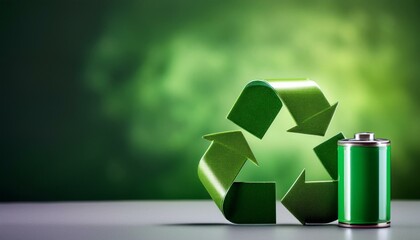 A green battery with a recycling symbol, representing sustainable energy, green background