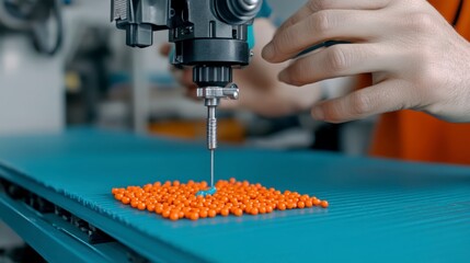 Close up view of a robotic arm precisely placing small, orange spheres onto a teal surface. The metallic arm and human hand are in focus