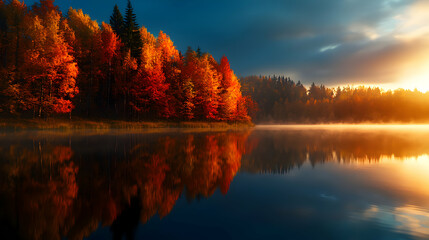 Vibrant Autumn Sunrise Over Foggy Lake