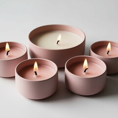 "Elegant pastel pink ceramic candles with a minimalist design, featuring soft glowing flames. Modern and stylish candle set in round containers, perfect for home decor, spa, and relaxation themes on a