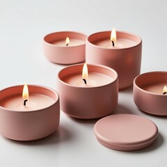 "Elegant pastel pink ceramic candles with a minimalist design, featuring soft glowing flames. Modern and stylish candle set in round containers, perfect for home decor, spa, and relaxation themes on a