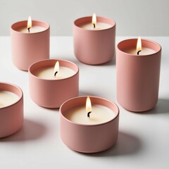 "Elegant pastel pink ceramic candles with a minimalist design, featuring soft glowing flames. Modern and stylish candle set in round containers, perfect for home decor, spa, and relaxation themes on a
