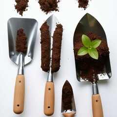Gardening tools with wooden handles covered in rich soil, featuring trowels and shovels in various positions. One image includes a young green plant growing from the soil, symbolizing growth and susta