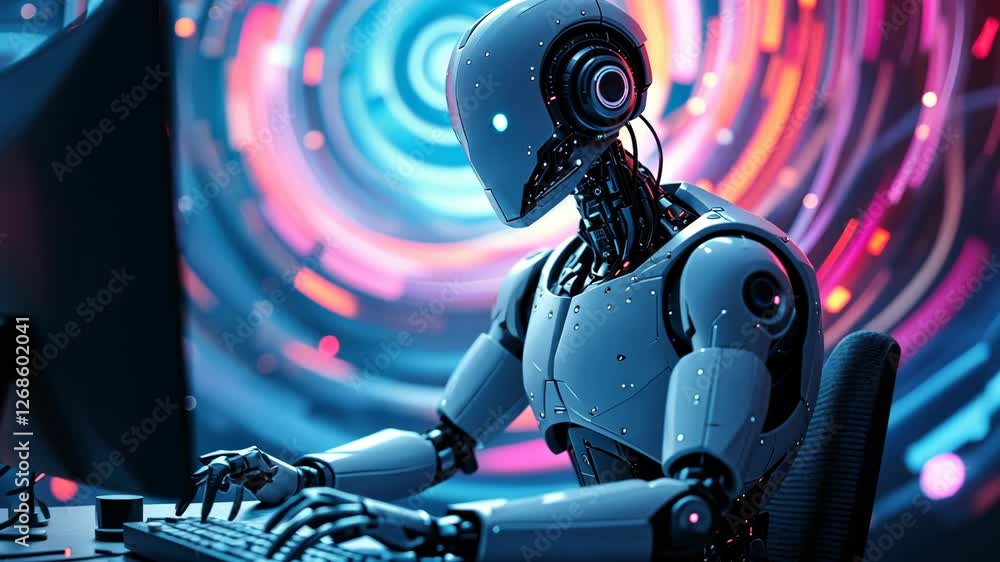Poster futuristic ai robot engaged in dynamic computer interaction with vibrant neon background