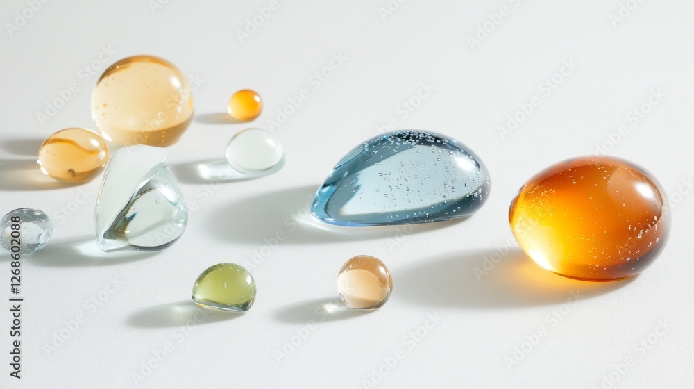 Poster glittering water droplets of various sizes rest gracefully on a pristine surface, glistening under g