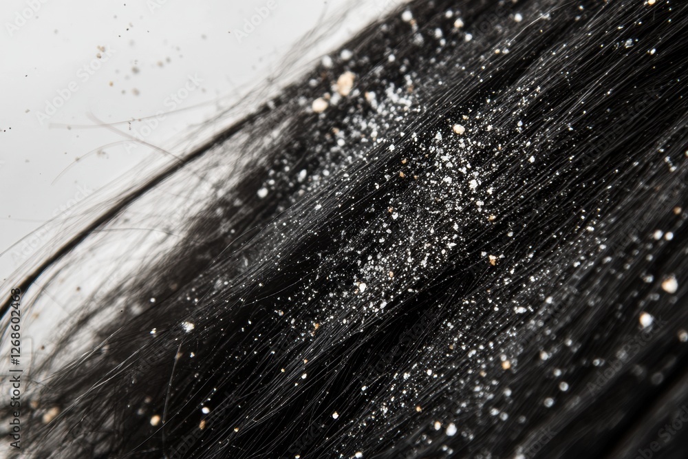Poster close up view of dandruff flakes on dark hair strands highlighting scalp issues and hygiene concerns