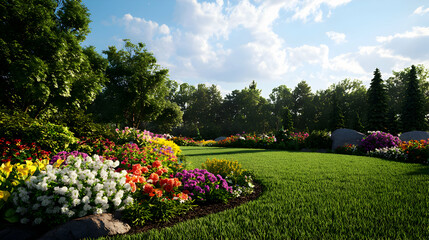 Obraz premium Vibrant Flower Garden Landscape Under Sunny Sky