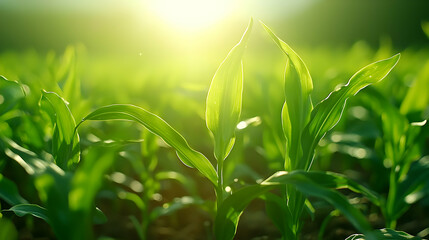 Vibrant Green Corn Plants in a Field at Sunrise