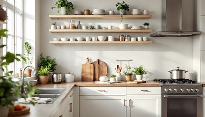 Bright and Organized Kitchen Interior with Natural Light and Plants