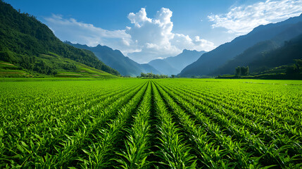 Fototapeta premium Vibrant Green Field Landscape Under a Sunny Sky