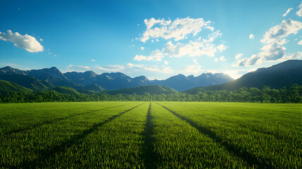 Vibrant Green Field Landscape Under Sunny Sky