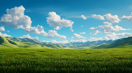Fototapeta premium Vibrant Green Field Landscape With Majestic Mountains Under Sunny Sky