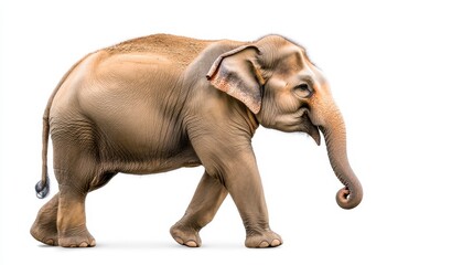 Obraz premium A light brown Asian elephant walks to the left against a plain background. The elephant's skin has a textured appearance with darker speckles. Its