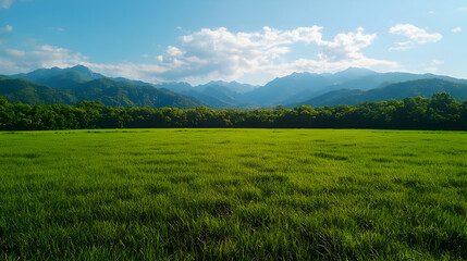Fototapeta premium Vibrant Green Field with Distant Blue Mountains under a Sunny Sky
