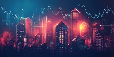 Naklejka premium Dynamic Cityscape: Urban Development and Financial Market Trends Visualization