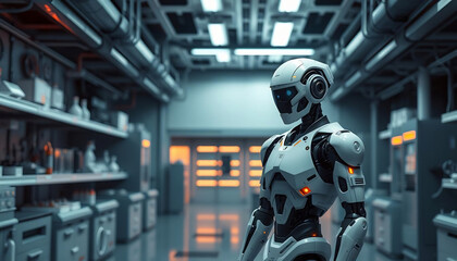 Fototapeta premium A Futuristic Robot Standing in a High-Tech Laboratory