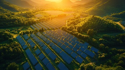 Aerial view of solar panels in a green landscape at sunset.