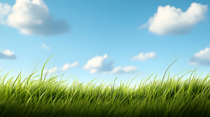 Vibrant Green Grass Field Under a Blue Sky with Fluffy Clouds