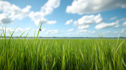 Fototapeta premium Vibrant Green Grass Field Under a Sunny Sky
