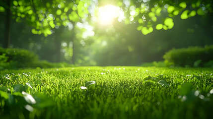 Naklejka premium Vibrant Green Grass in Sunlight with Lush Foliage