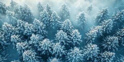 Serene Aerial View of Snow-Covered Pine Trees in Misty Forest, Evoking Tranquility and Winter Beauty for Nature and Travel Themes.