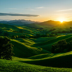 Vibrant Green Hills at Sunset