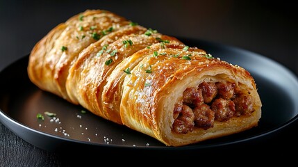 Sausage roll on a black plate, isolated against a dark background. Close-up view. Stock photo contest winner, award-winning photography, high-resolution stock photo, full of details, hyper-realistic 