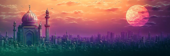 Fototapeta premium An ornate Islamic architectural structure ideal for Ramadan or Eid Mubarak designs, featuring deep purples and soothing greens, perfect for banners or promotional materials.