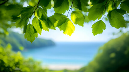 Fototapeta premium Vibrant Green Leaves Frame Ocean View