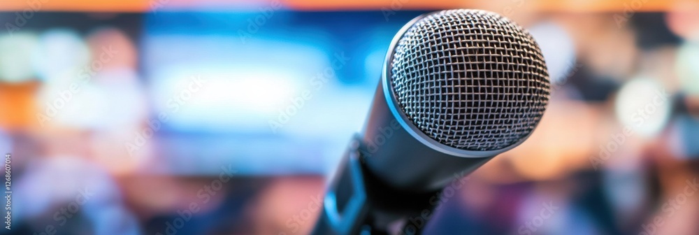 Leinwandbilder close up of a microphone on a stand ready for a presentation in a busy venue during an evening event