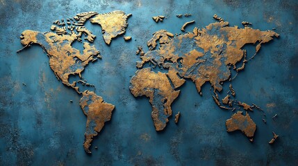 Rustic bronze world map dramatically etched on deep blue metal background. AI Generated