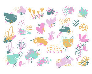 Organic shapes set on white background. Hand draw abstract design elements in pastel colors. Minimal stylish cover template. Art form for social media stories, branding, banner. Vector eps