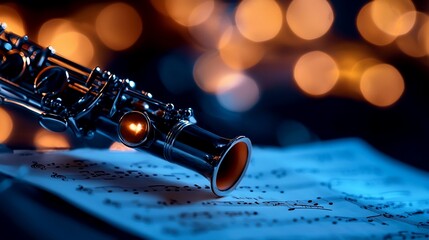 Obraz premium Close-up of clarinet on sheet music with bokeh lights.