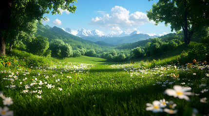 Vibrant Green Meadow with Blooming Daisies and Distant Mountains