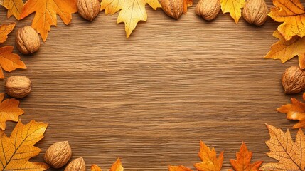 Autumn Leaves and Nuts on a Wooden Surface